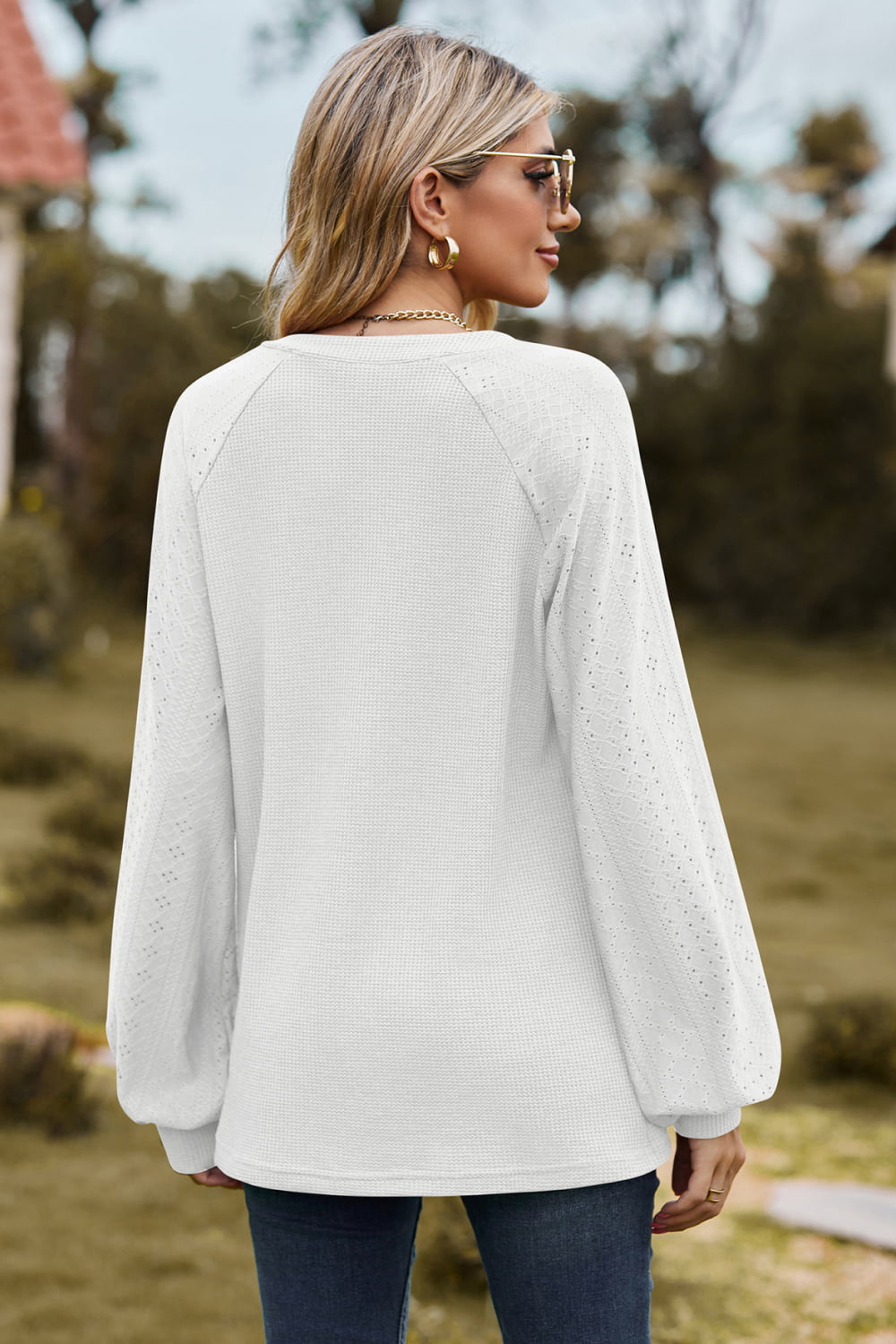 Notched Neck Raglan Sleeve Blouse