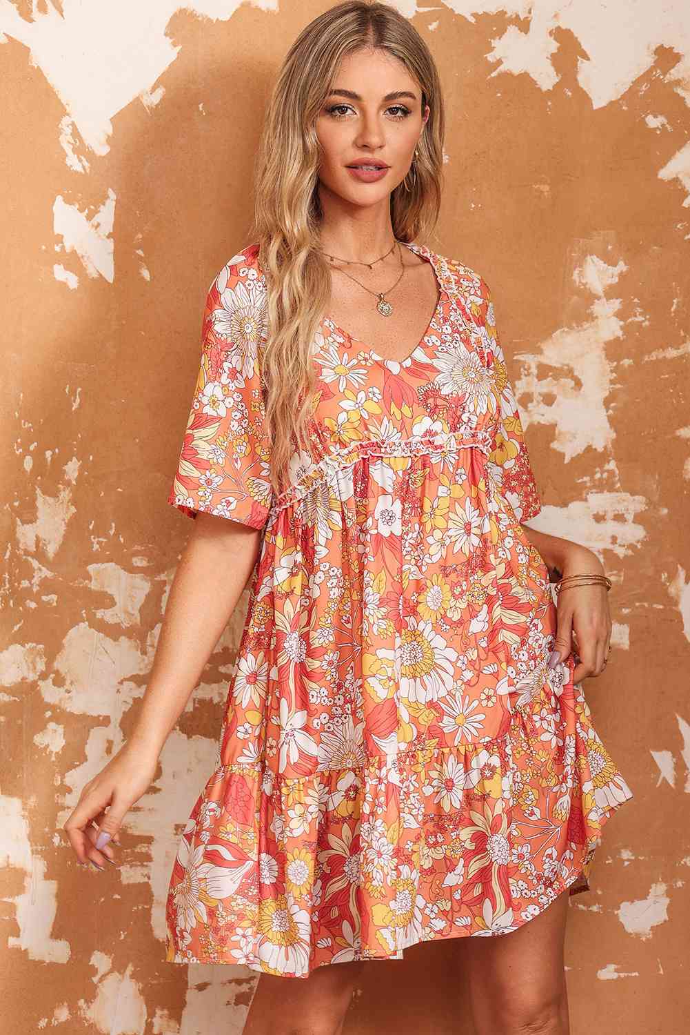 Floral Print V-Neck Short Sleeve Frill Trim Mini Dress