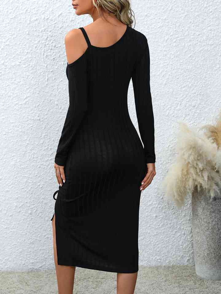 Asymmetrical Neck Drawstring Slit Dress