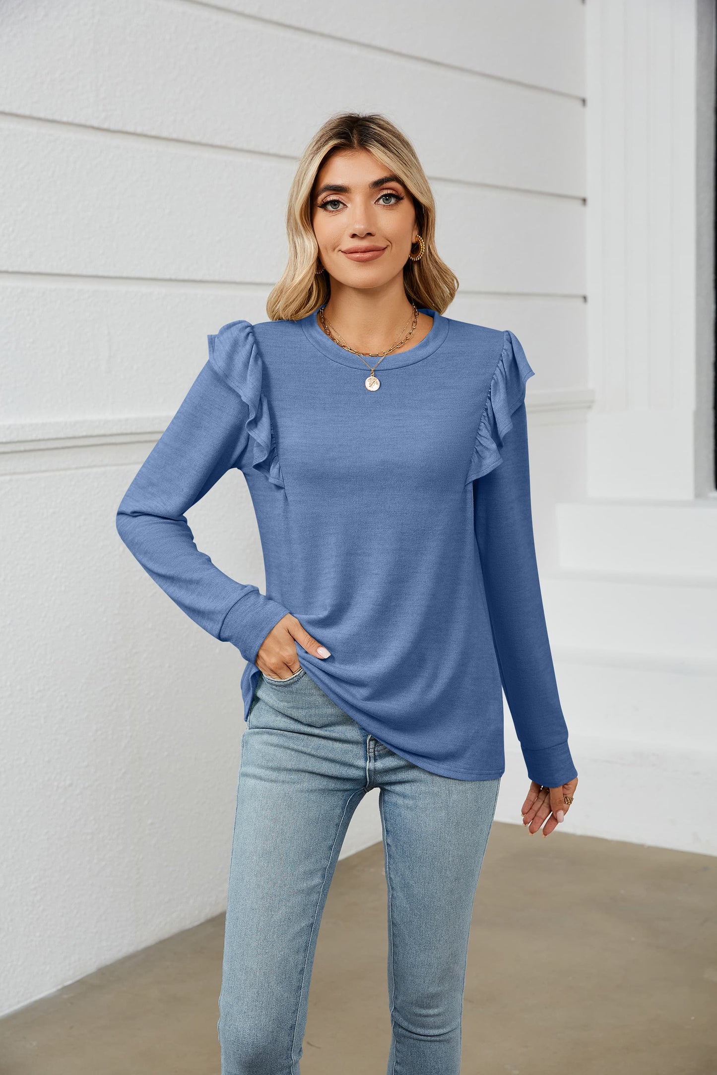 Ruffle Shoulder Long Sleeve T-Shirt