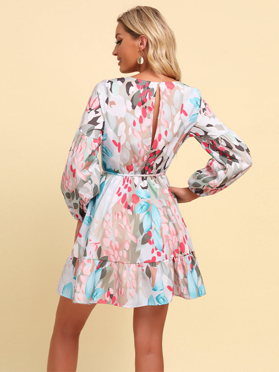 Printed Tie-Waist Puff Sleeve Surplice Dress