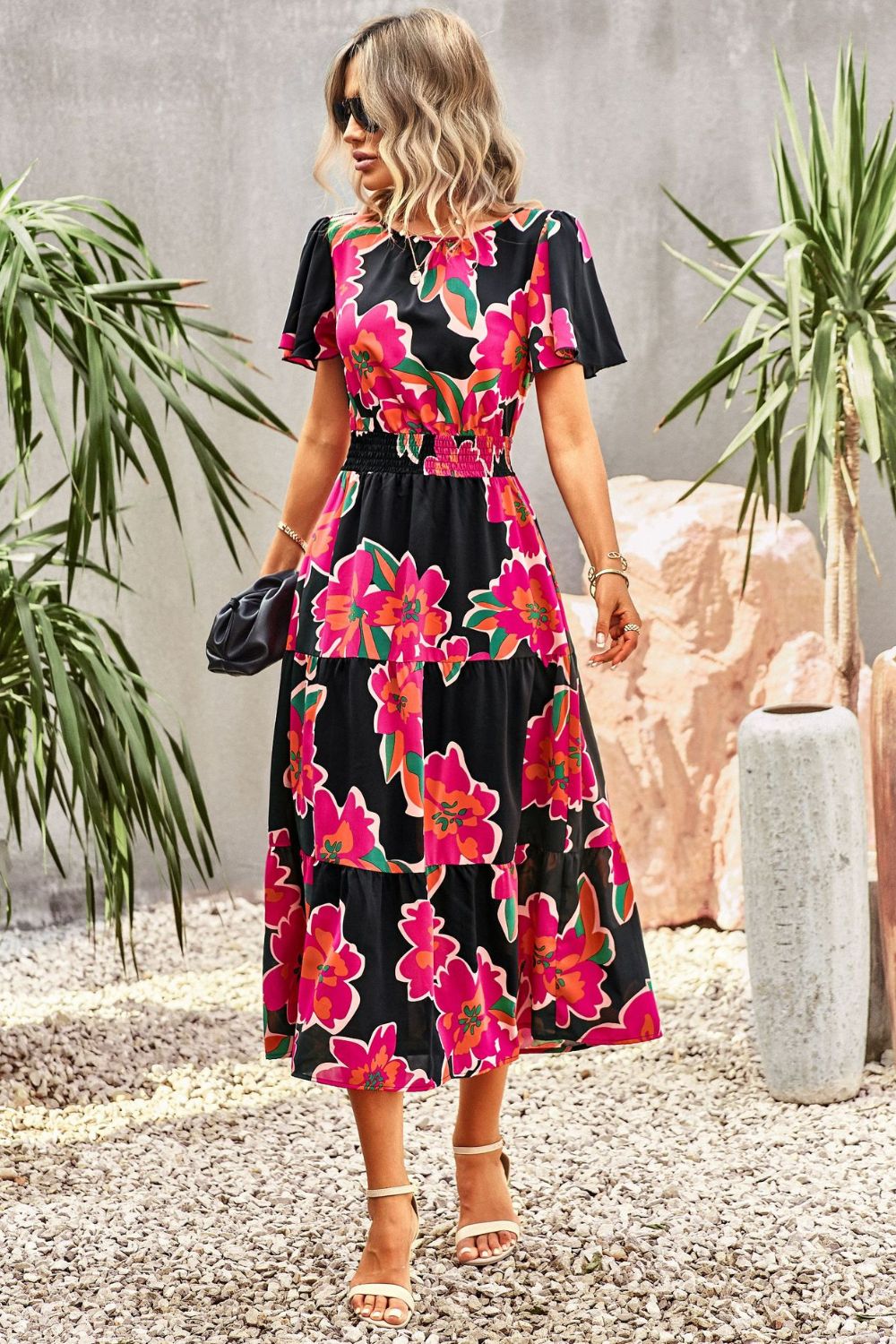 Floral Puff Sleeve Tiered Midi Dress