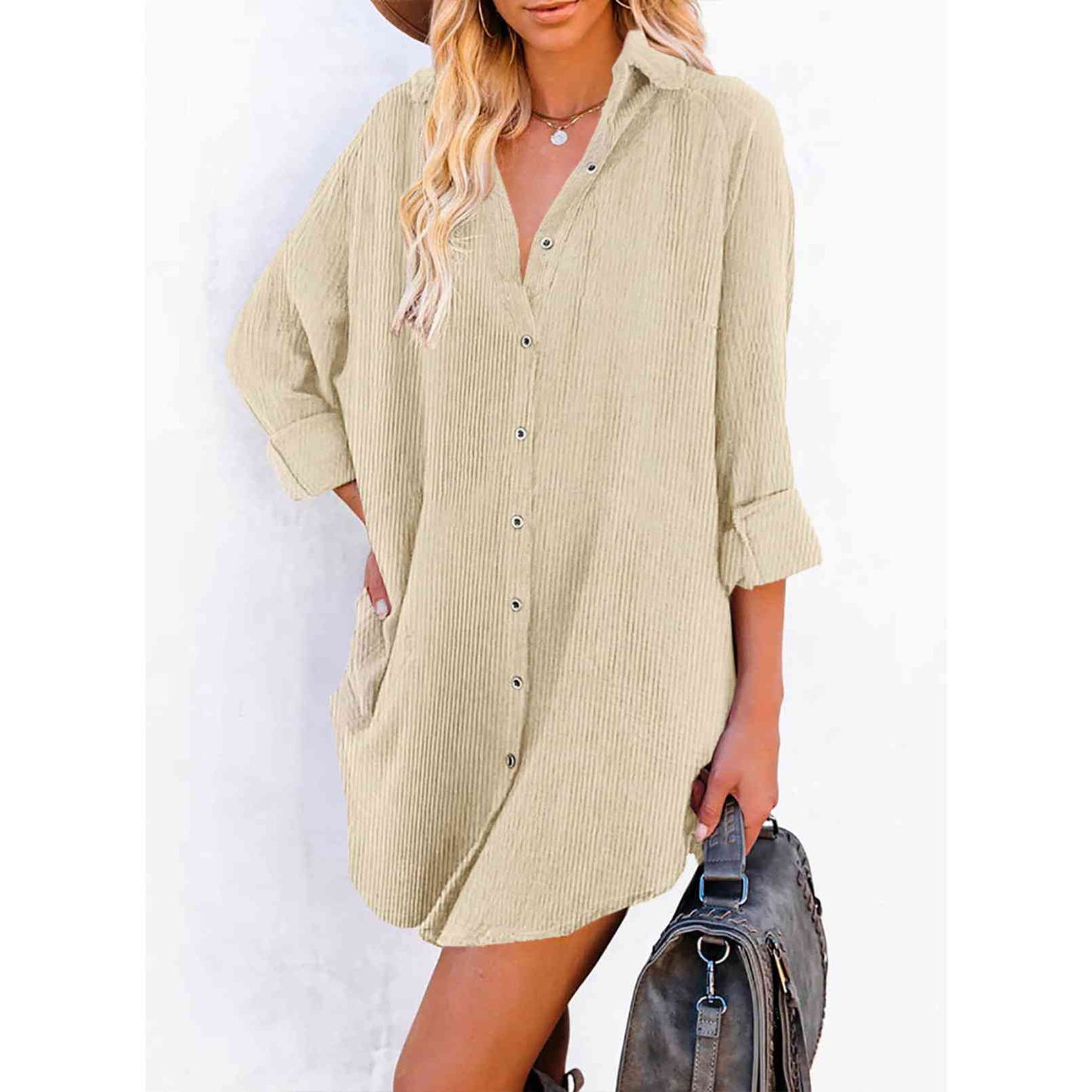 Ribbed Button Up Mini Shirt Dress