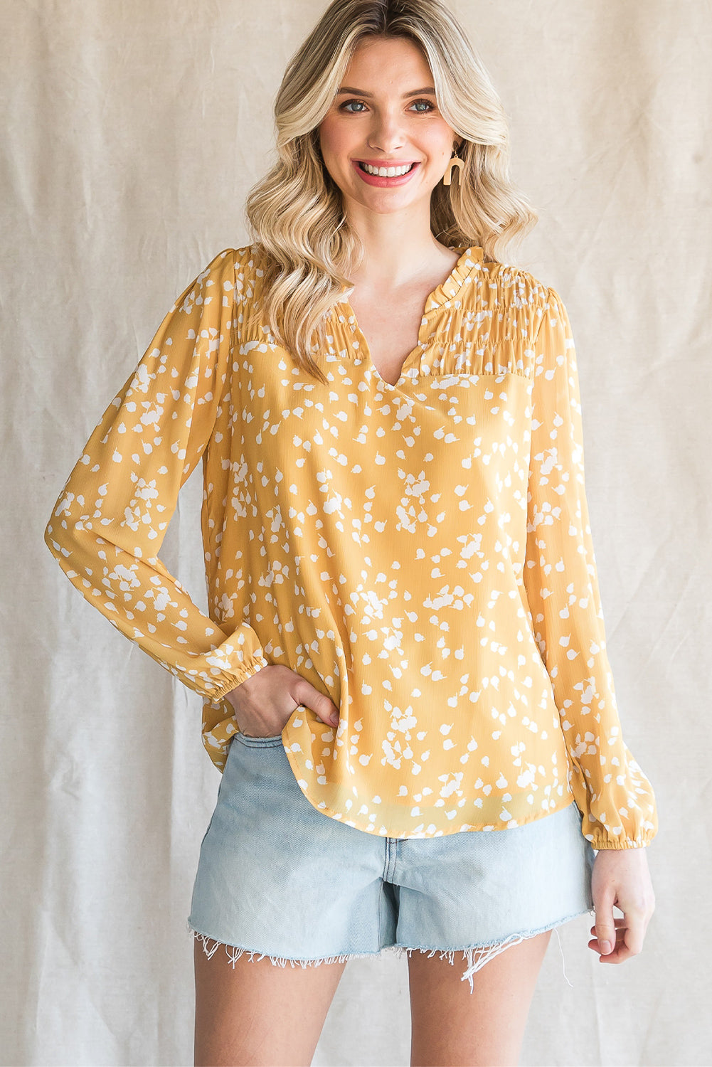 Printed Notched Neck Smocked Blouse