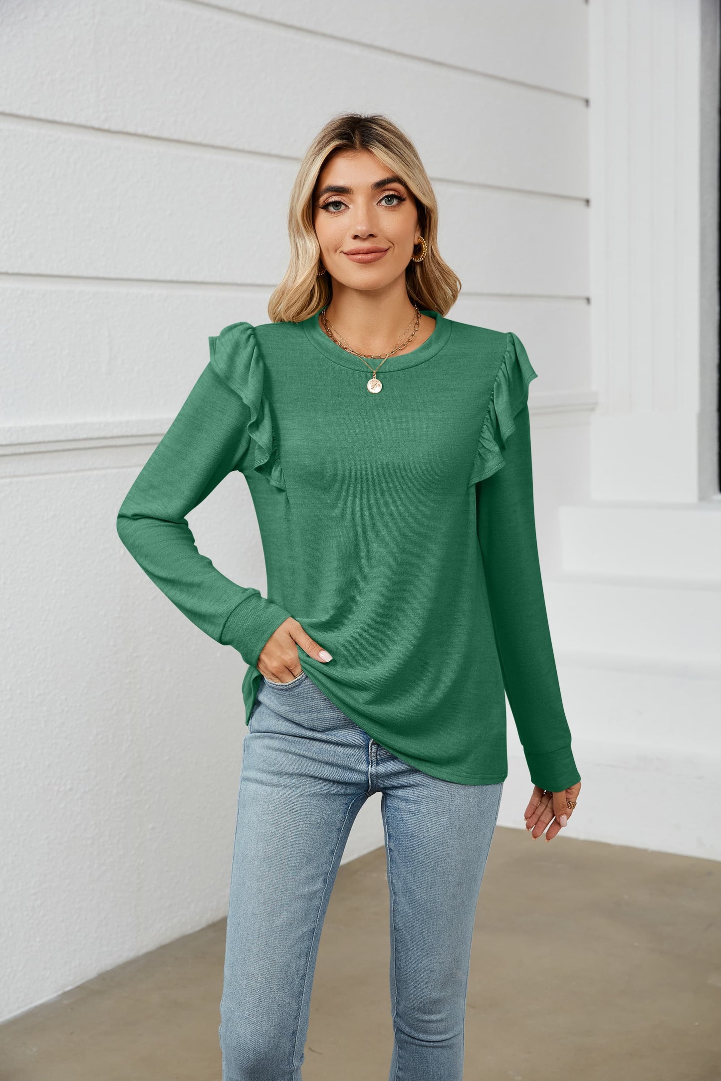 Ruffle Shoulder Long Sleeve T-Shirt