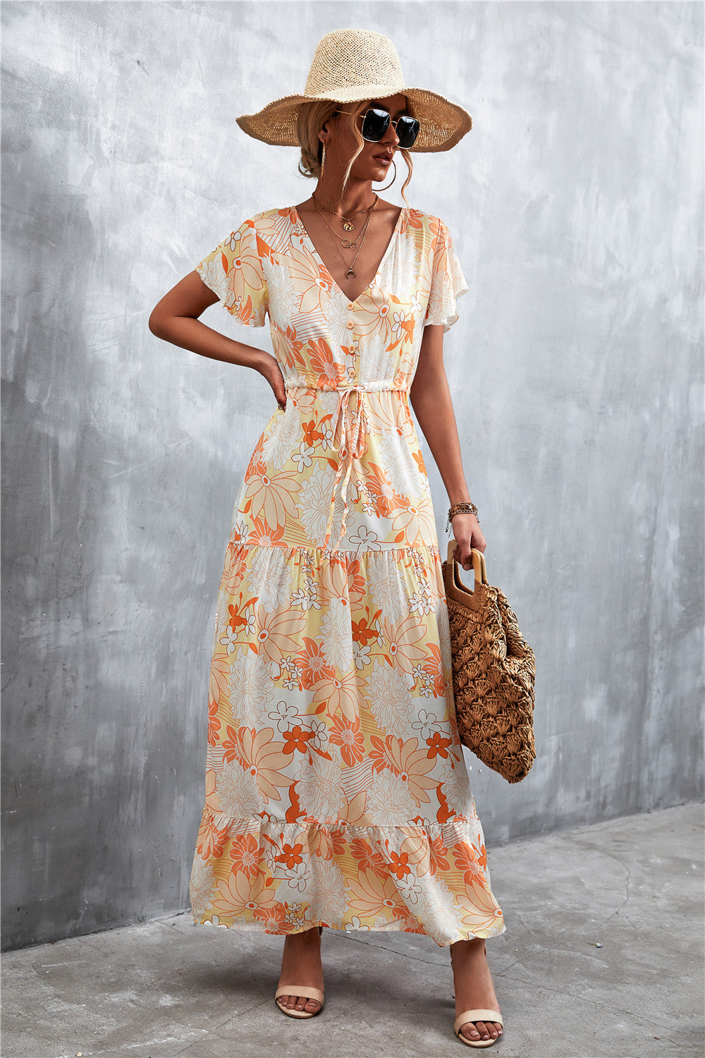 Floral Buttoned Drawstring Waist Tiered Dress