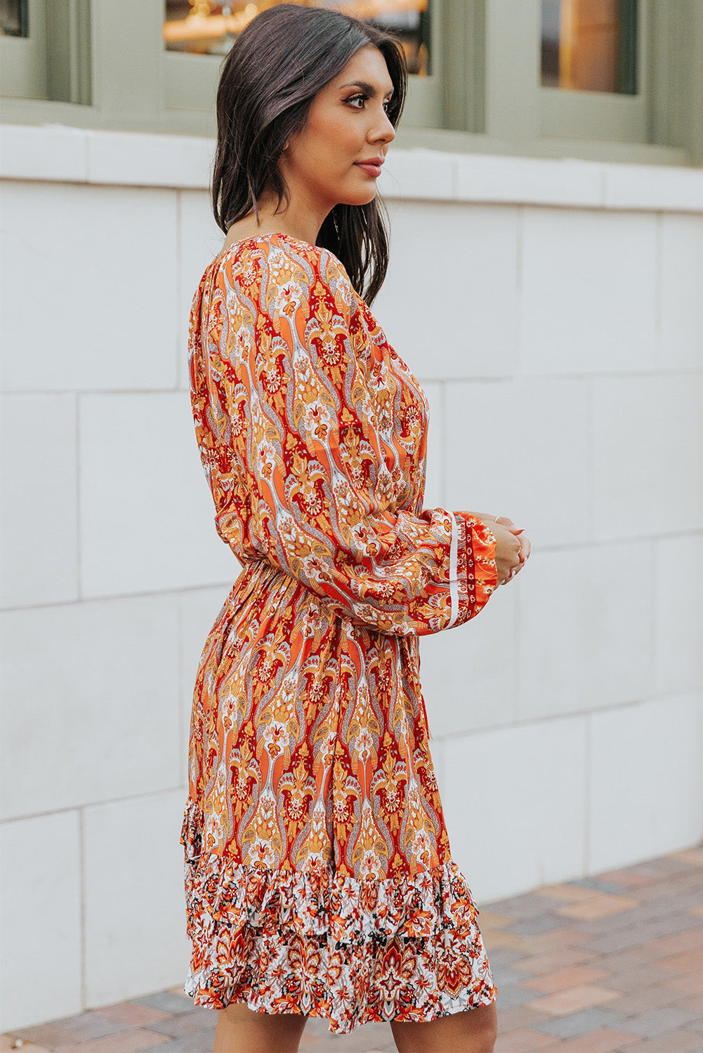 Printed Balloon Sleeve Tassel Tie Dress