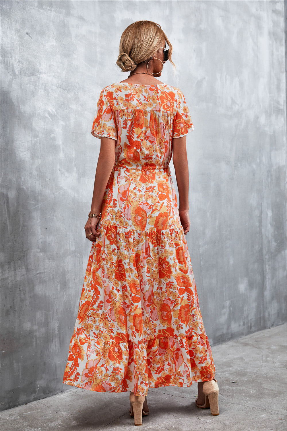 Floral Buttoned Drawstring Waist Tiered Dress