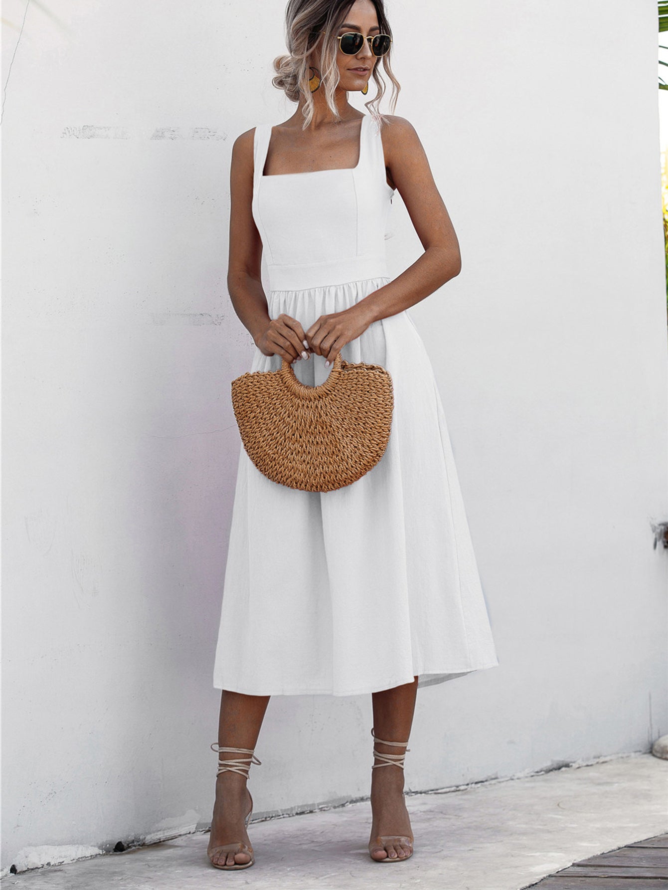 Square Neck Sleeveless Smocked Midi Dress