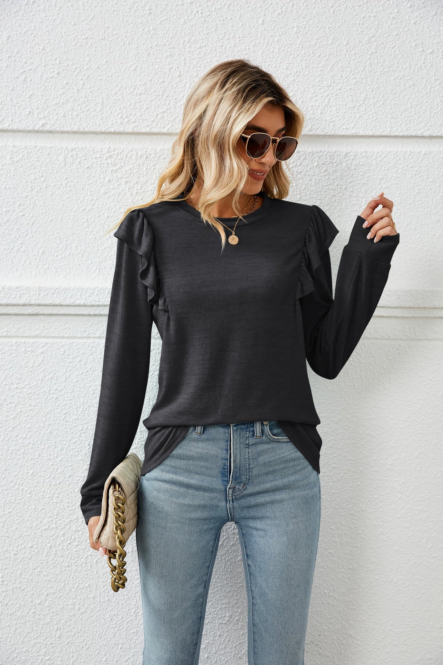 Ruffle Shoulder Long Sleeve T-Shirt