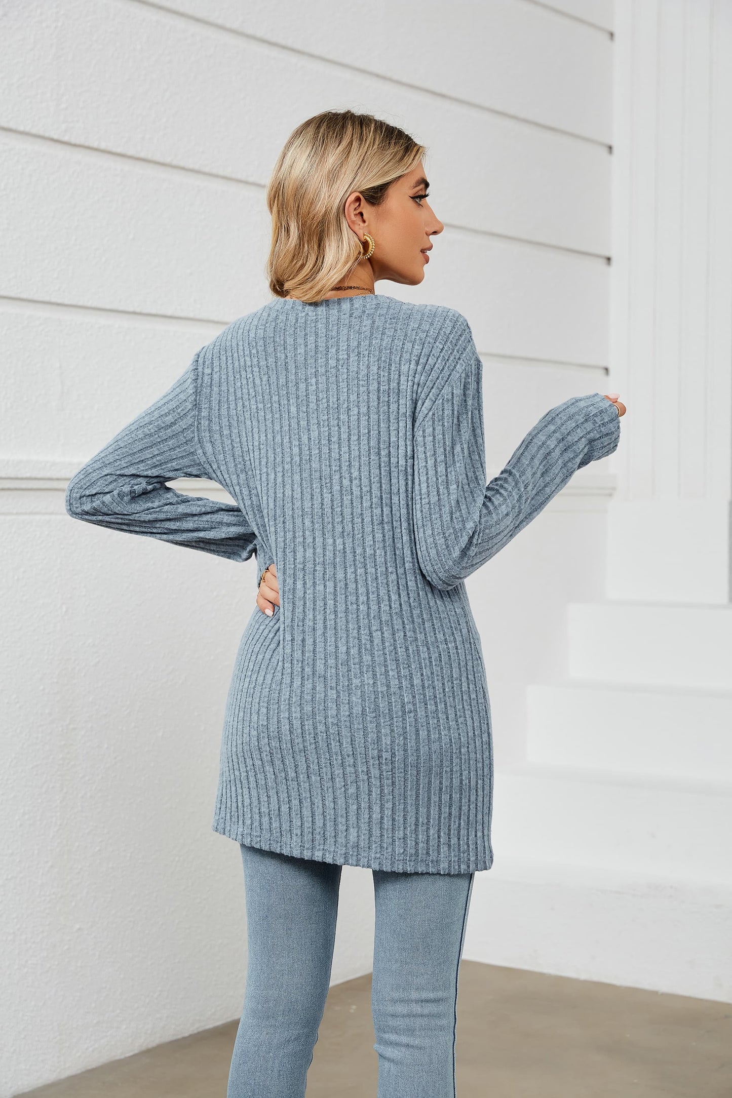 Notched Neck Ribbed Long Sleeve T-Shirt