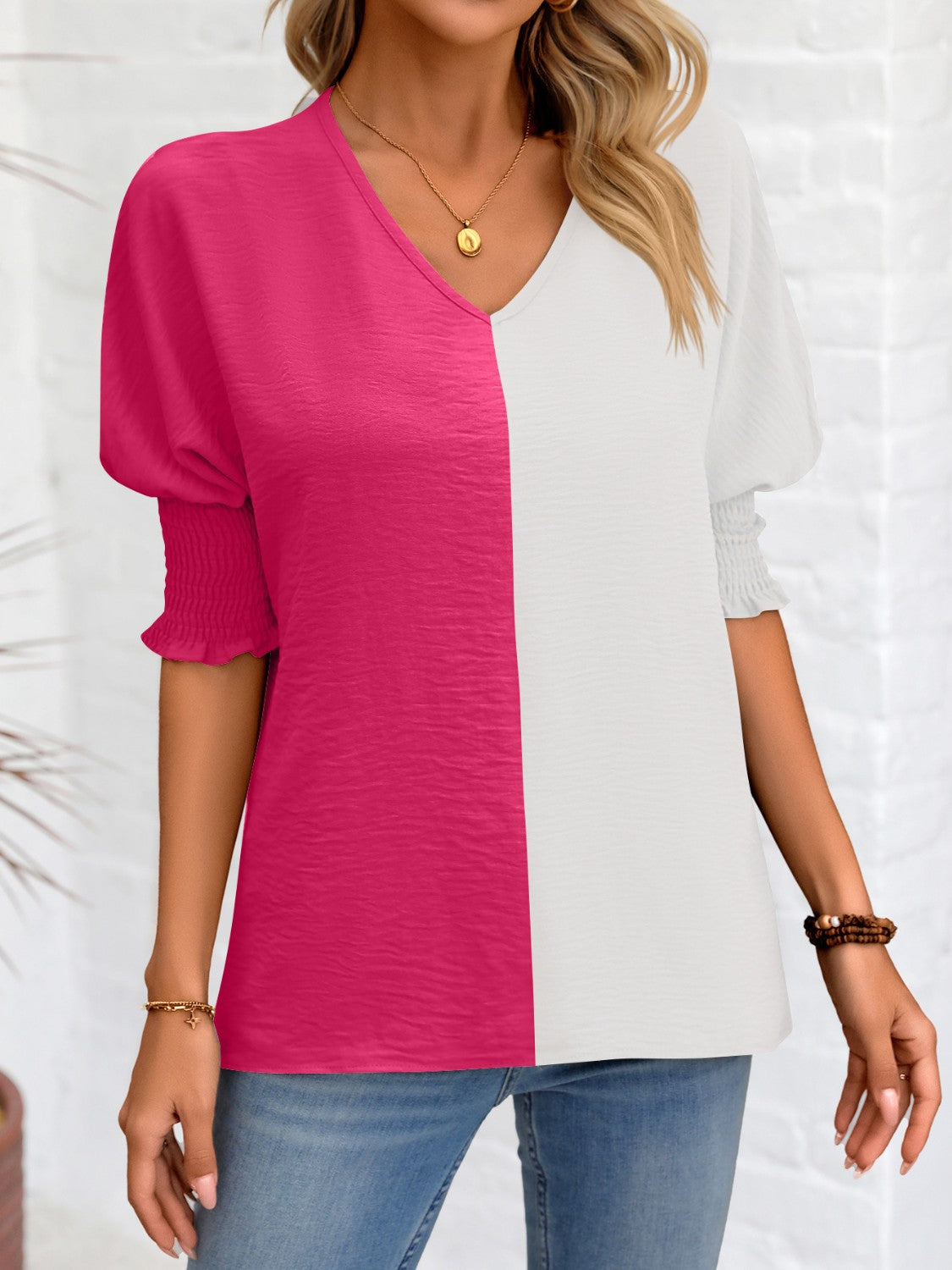 Contrast V-Neck Lantern Sleeve Blouse