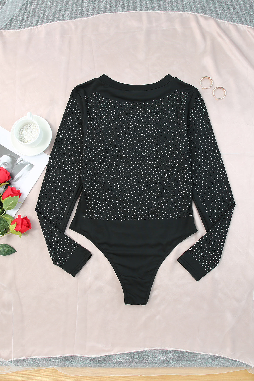 Rhinestone Round Neck Long Sleeve Bodysuit