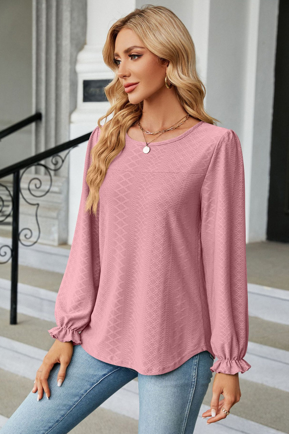 Round Neck Flounce Sleeve Blouse