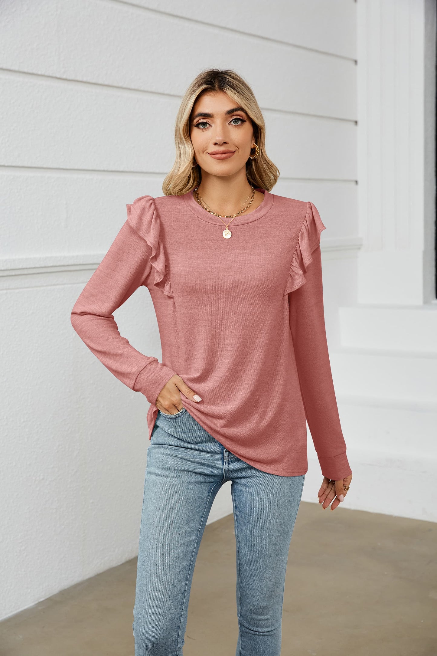 Ruffle Shoulder Long Sleeve T-Shirt