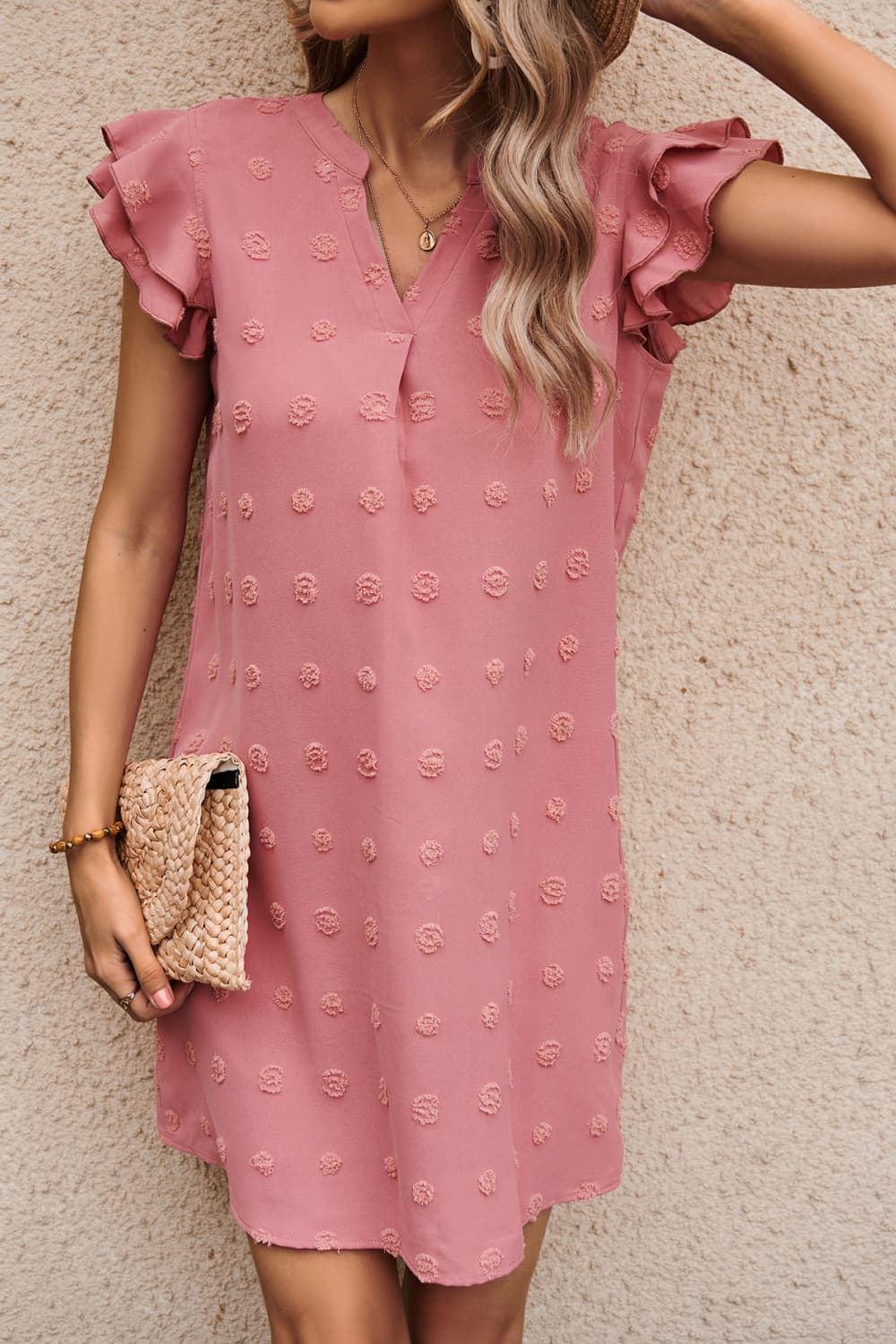 Swiss Dot Notched Neck Flutter Sleeve Dress