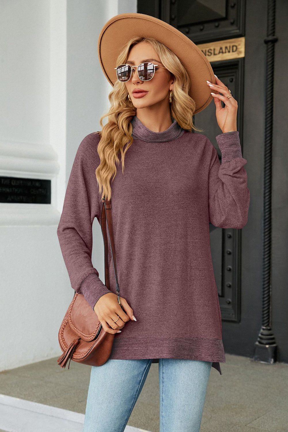 Turtle Neck Long Sleeve Slit Blouse