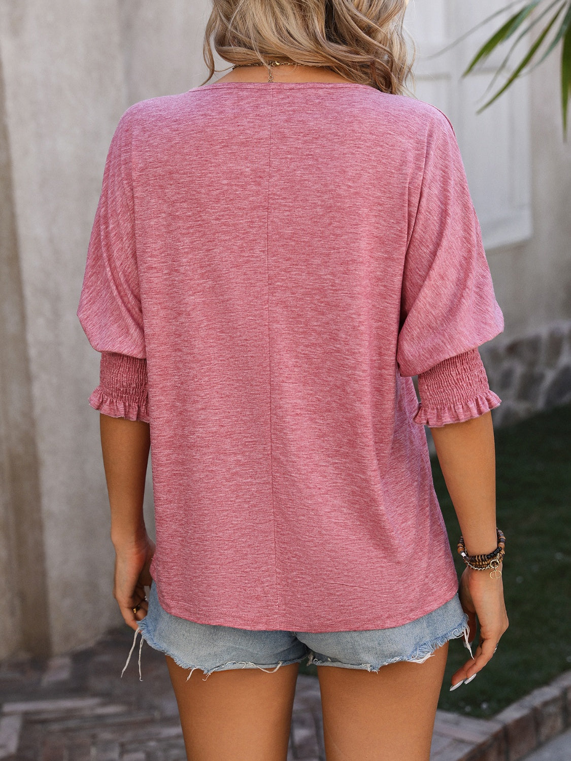 Heathered Notched Lantern Sleeve Blouse