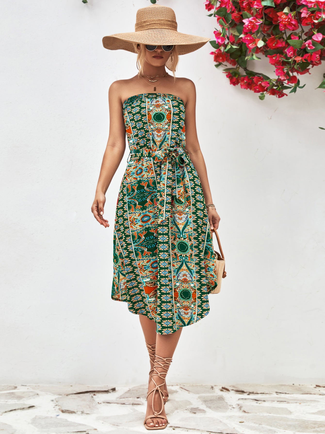 Printed Strapless Tie Belt Dress