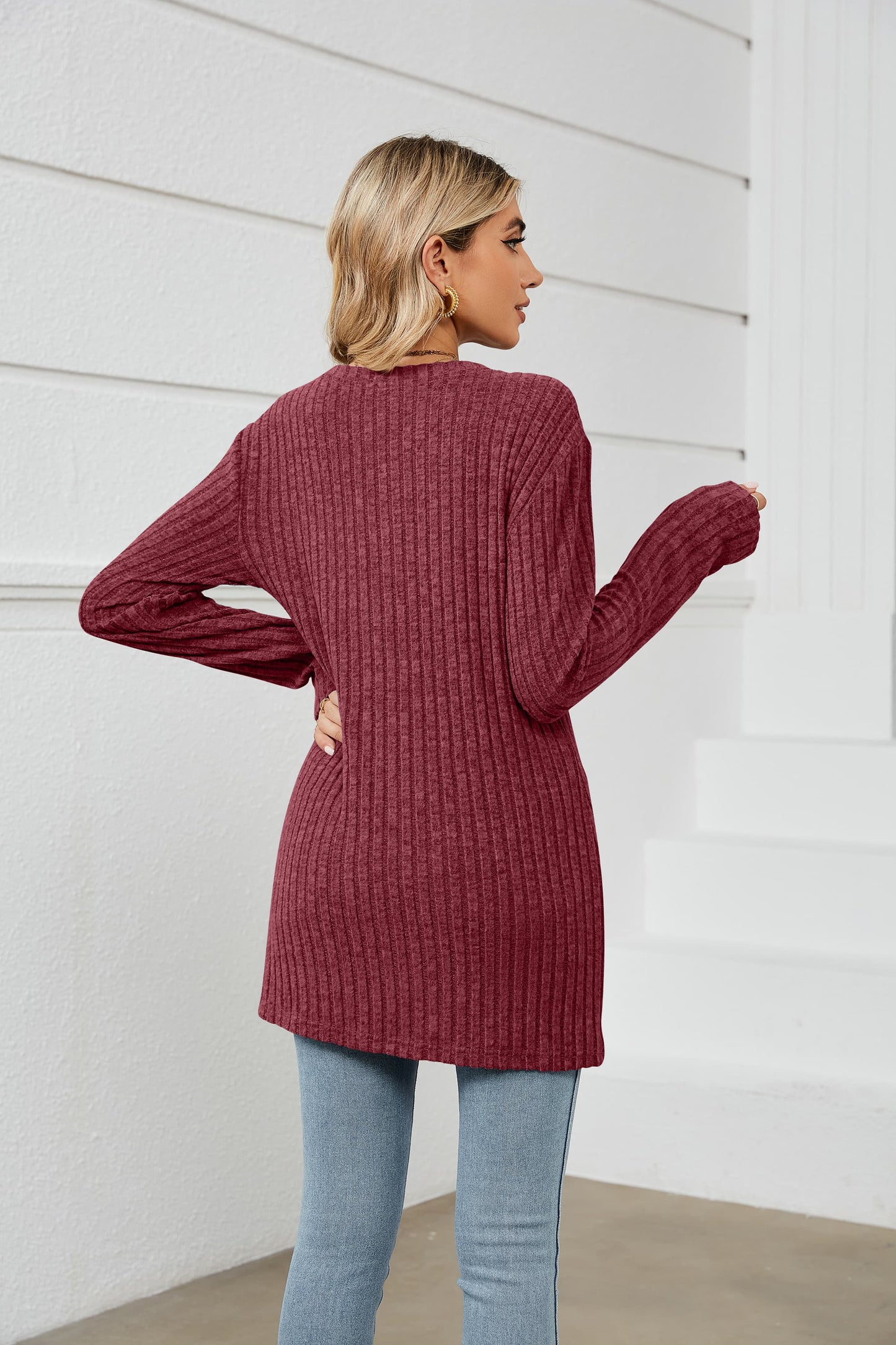 Notched Neck Ribbed Long Sleeve T-Shirt